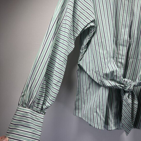 Lauren Ralph Lauren Women Blouse XL Bllue  Green Stripe Long Sleeve Tie Front - Picture 9 of 15